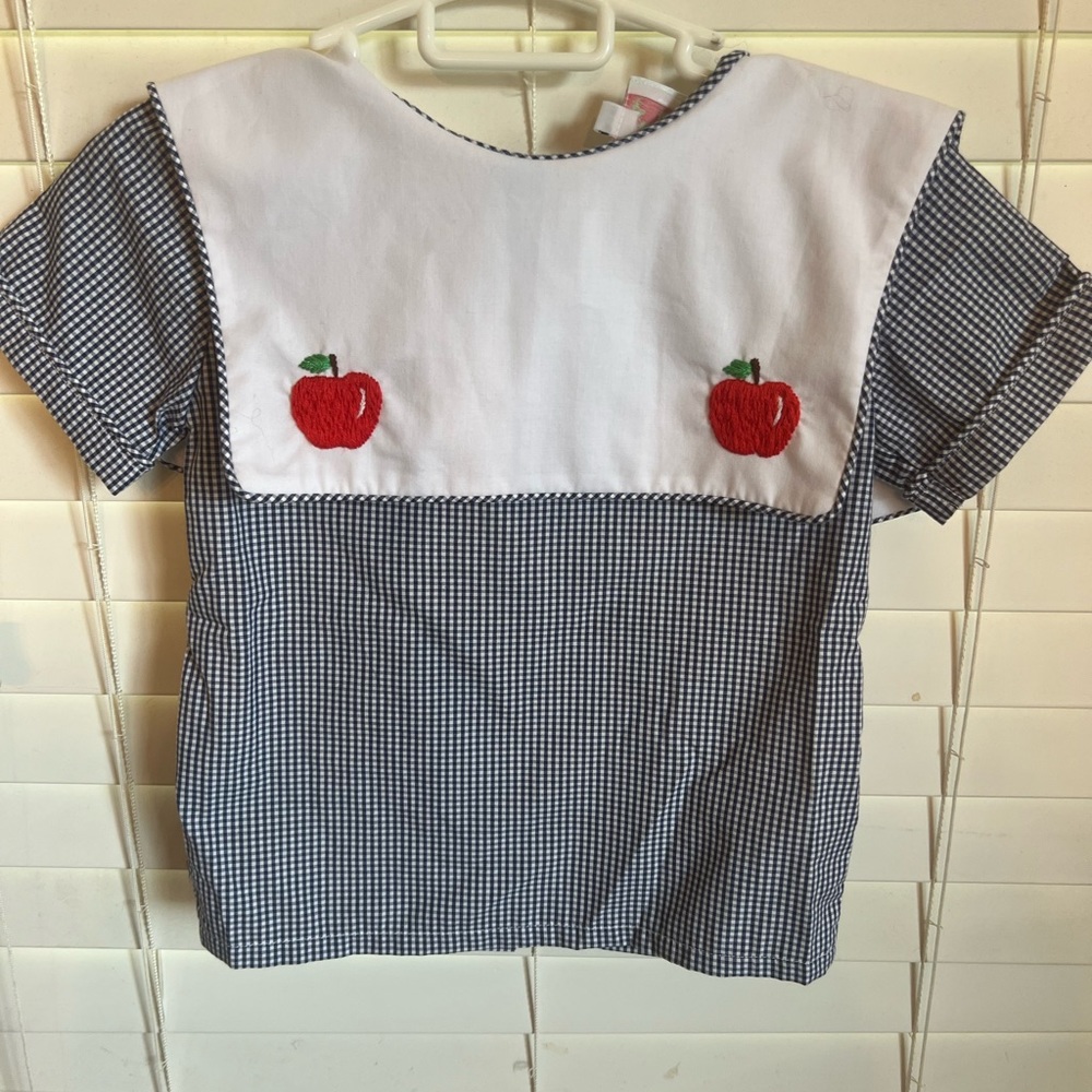 Navy Gingham Kids Top with Apple Embroidery